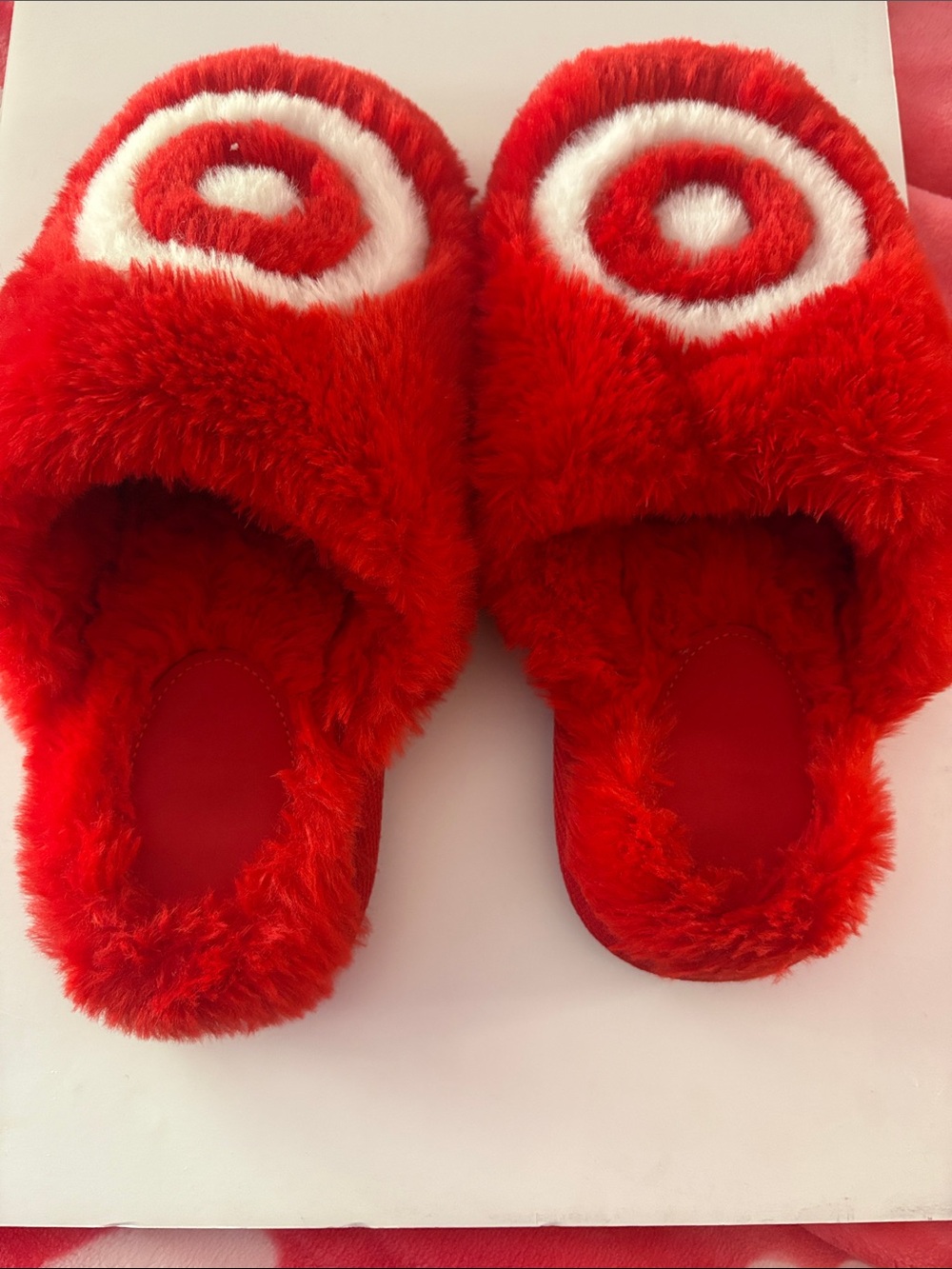 Target Fur Red Slide Slippers with White Target Accent